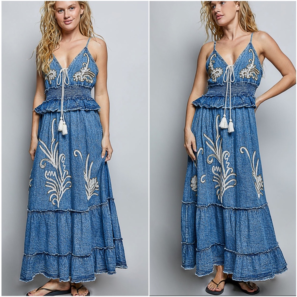 Pol Acid Wash Denim Embroidered Ruffle Detail Denim Cami Dress